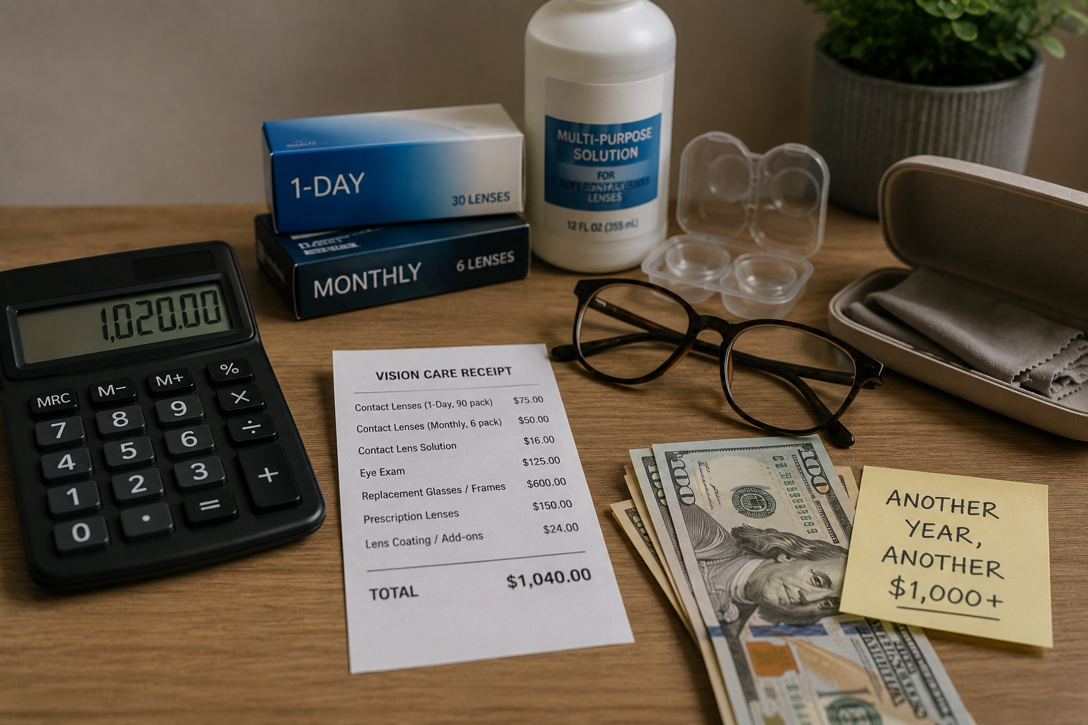 Calculator, vision care receipt, cash, and contact lens supplies